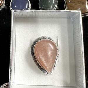 Peach moonstone gemstone ring 925 silver overlay adjustable